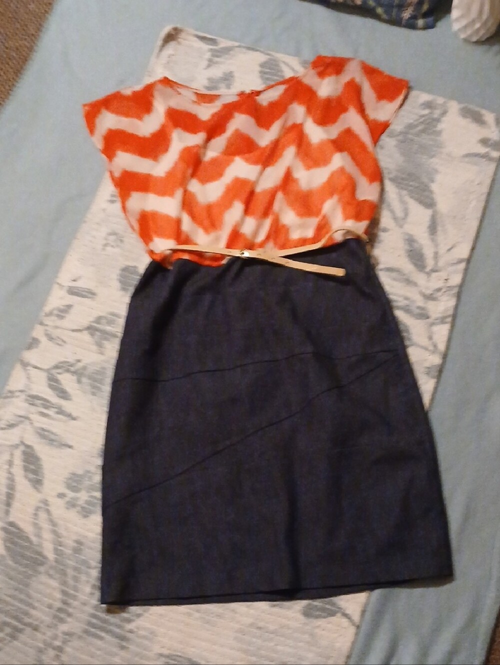 Alyx Orange and White Chevron Top with Dark Blue Denim Skirt